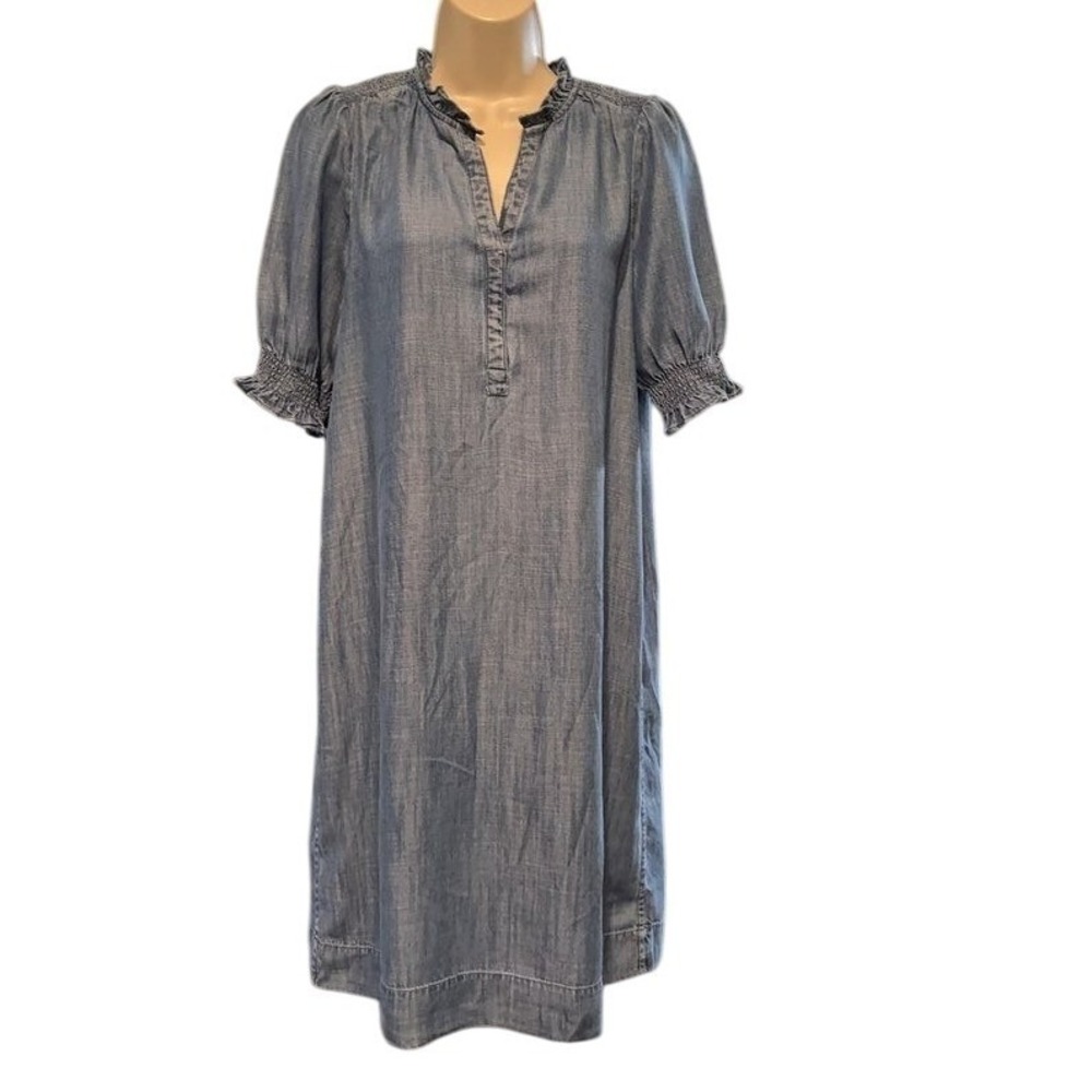 Talbots Women Blue Tencel Lyocell Ruffle Neck Shift Dress MP Petite Smocked Cuff